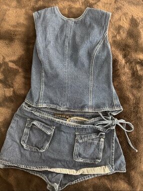 Lioness Denim Blue Women’s Jean Romper with Tie Waist and Patch Pockets